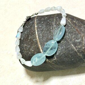 Genuine Blue Aquamarine & Rainbow Moonstone Bracelet, Beaded Gemstone Bracelet